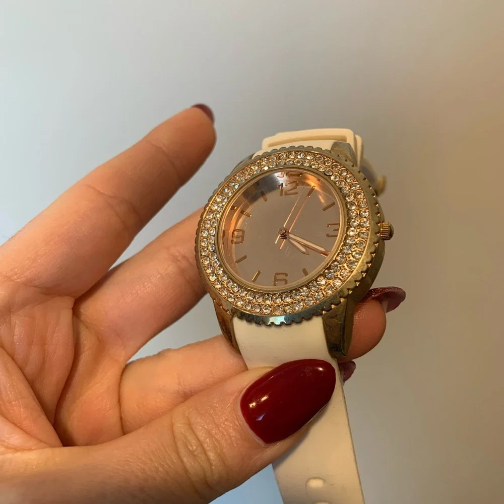 Rose gold & diamond accent watch with white band